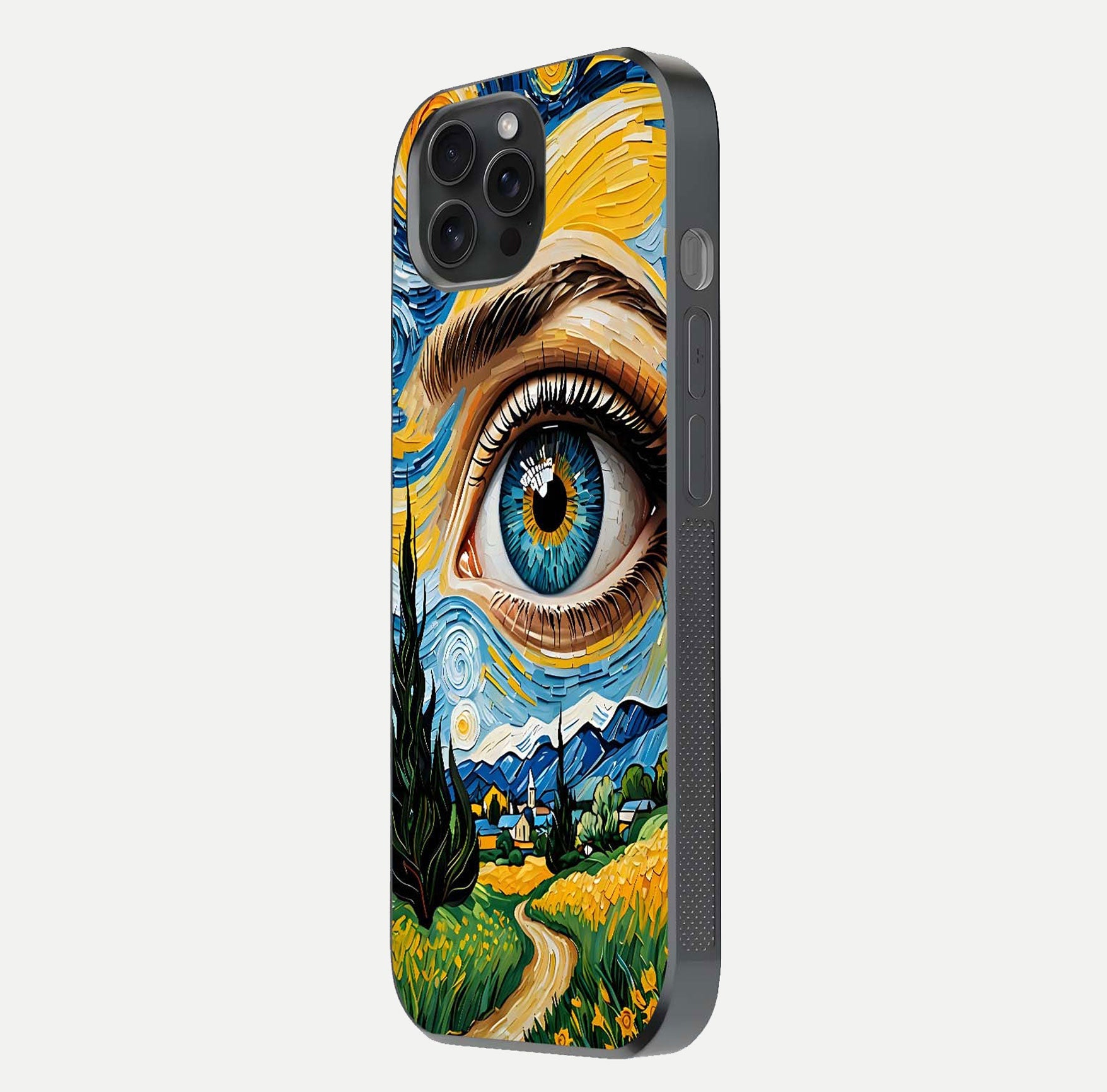 Van Gogh Eye Glass Case for iPhone 15 Pro side-angle image showing reflection, gloss, and artistic contrast