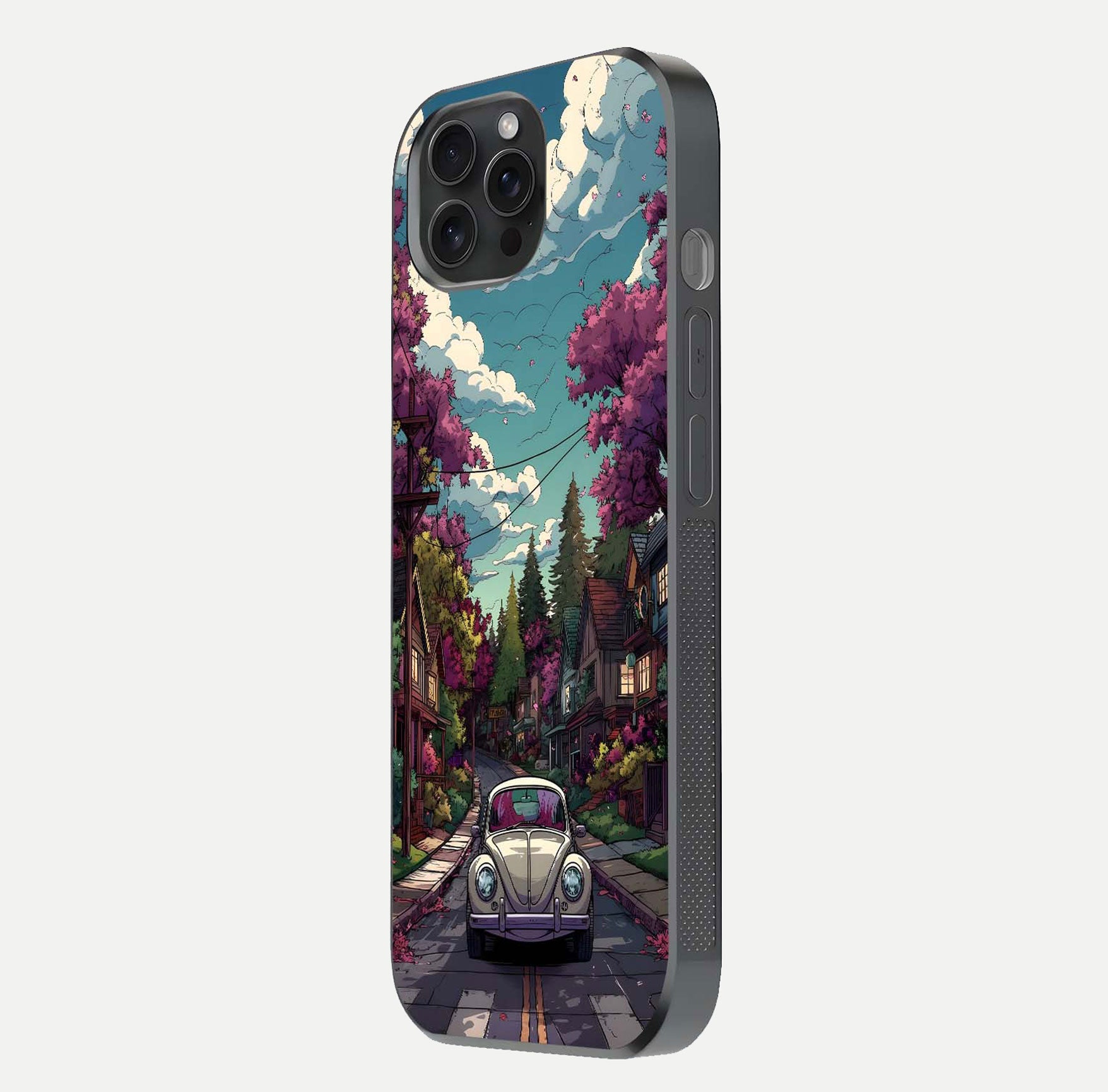 Vintage Street Drive Glass Case for iPhone 15 Pro side-angle image showing gloss reflection and design detail