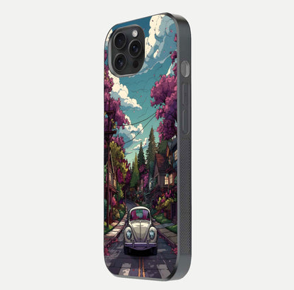 Vintage Street Drive Glass Case for iPhone 15 Pro side-angle image showing gloss reflection and design detail