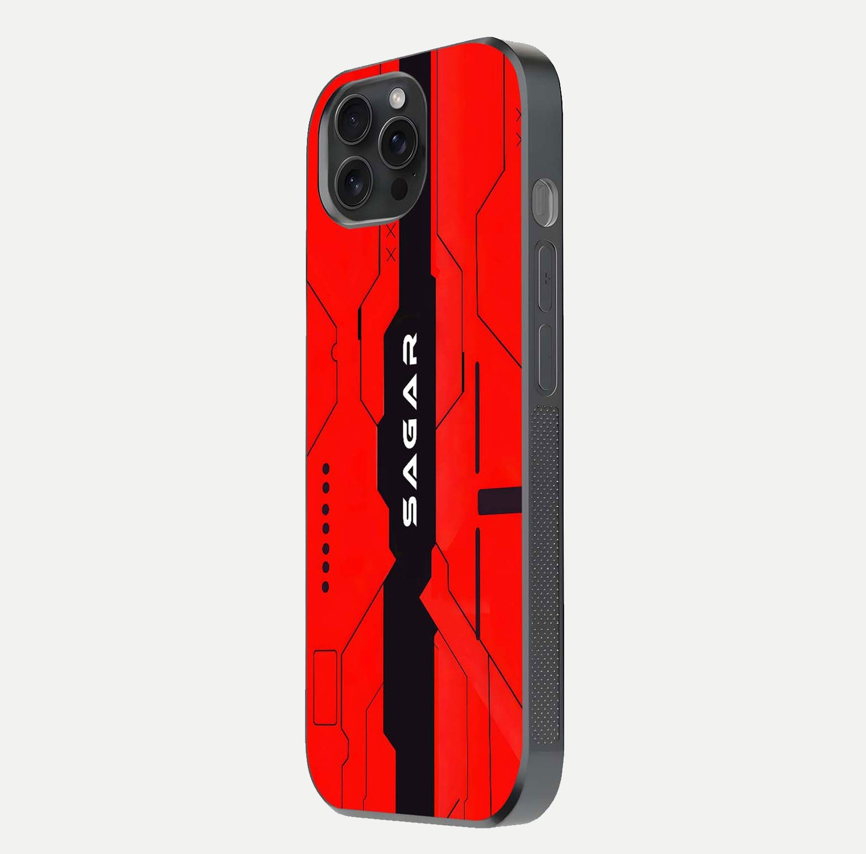 Voltage Rise CYBERPUNK Custom Name Glass Case for iPhone 15 Pro side-angle image showing gloss and cyberpunk detail