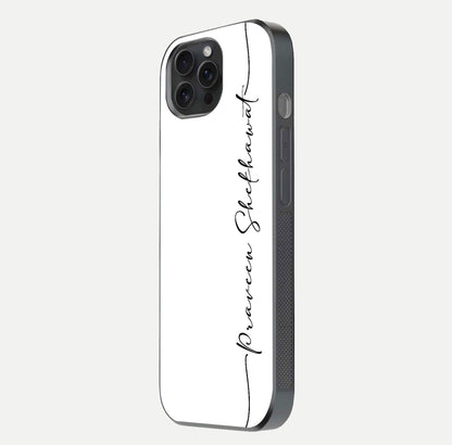 White Tune Custom Name Glass Case for iPhone 15 Pro side-angle image showing shine, gloss, and minimal tone
