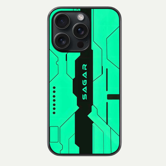 Aqua Tech CYBERPUNK Custom Name Glass Case For iPhone 15 Pro by Custom World