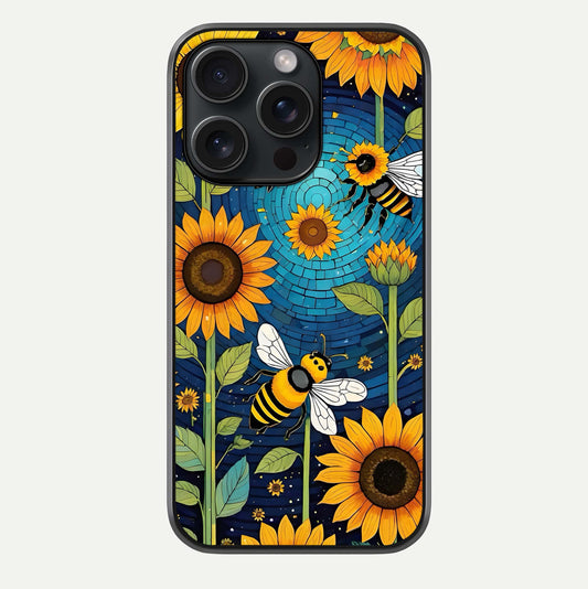 Bees & Sunflowers Glass Case For iPhone 15 Pro by Custom World