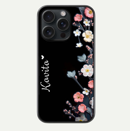 Black Elegance Floral Custom Name Glass Case For iPhone 15 Pro by Custom World