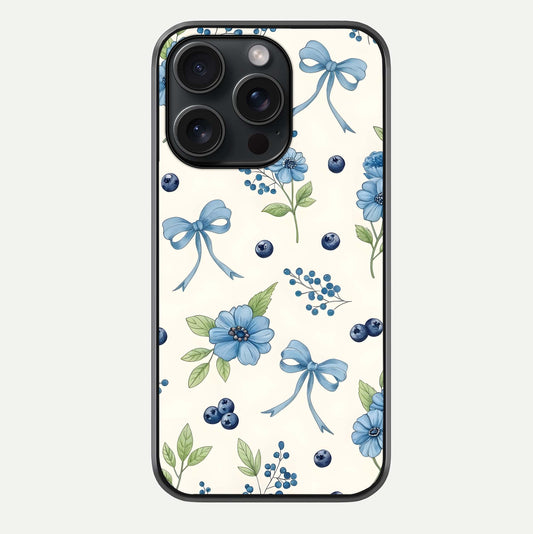 Blue Flower & Bow Glass Case For iPhone 15 Pro by Custom World