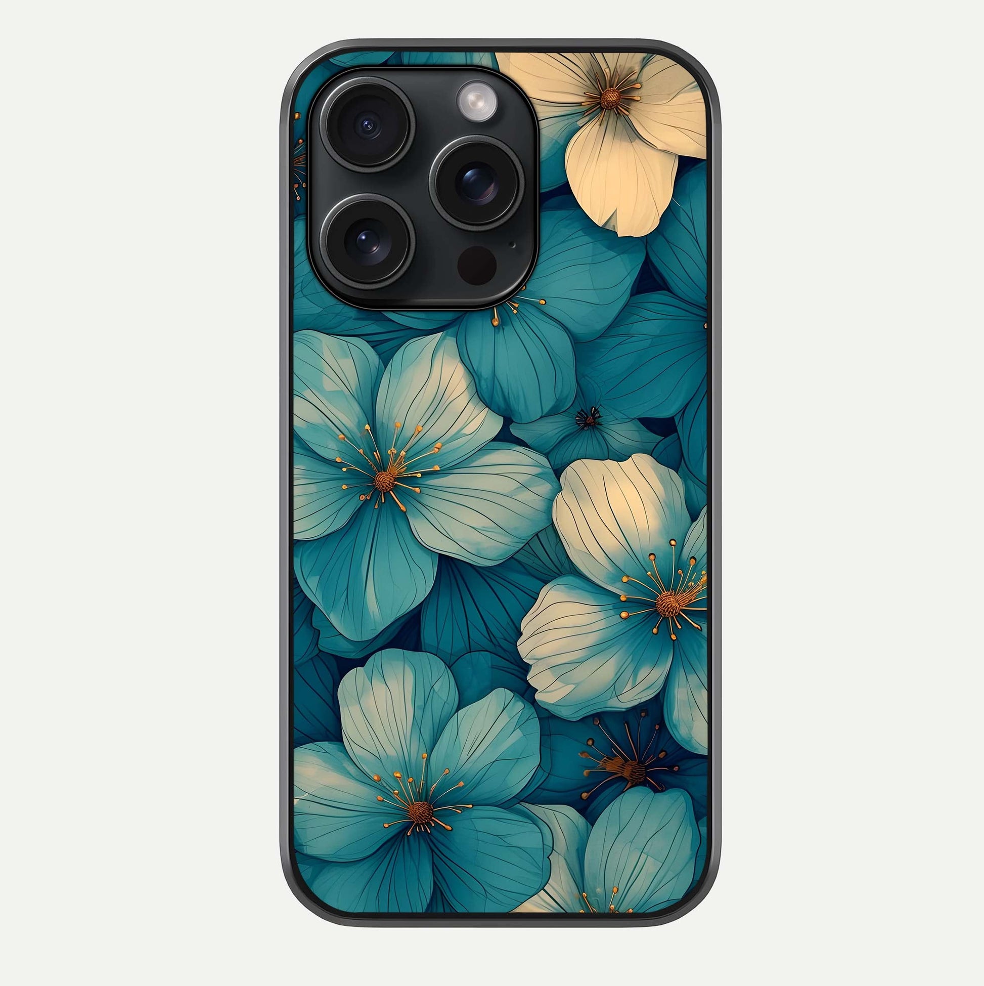 Blue Shade Floral Glass Case For iPhone 15 Pro by Custom World