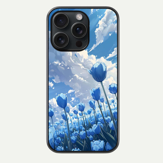 Blue Tulip Clouds Glass Case For iPhone 15 Pro by Custom World