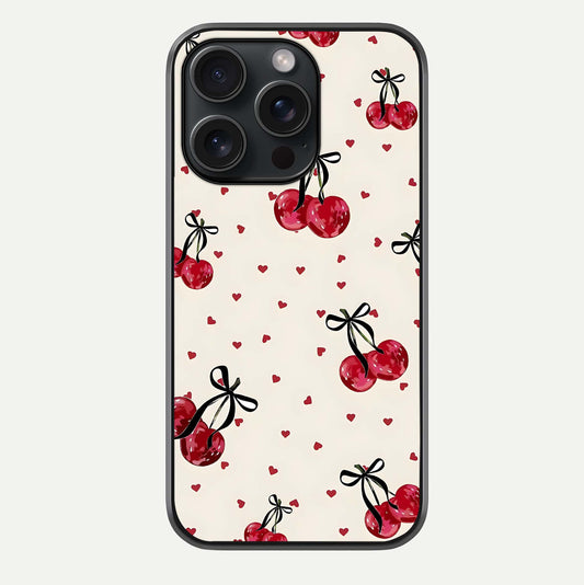 Cherry Heart Bow Glass Case For iPhone 15 Pro by Custom World