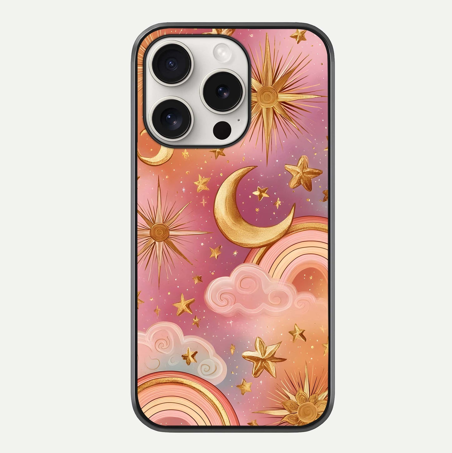 Golden Celestial Dreams Glass Case For iPhone 15 Pro Max by Custom World
