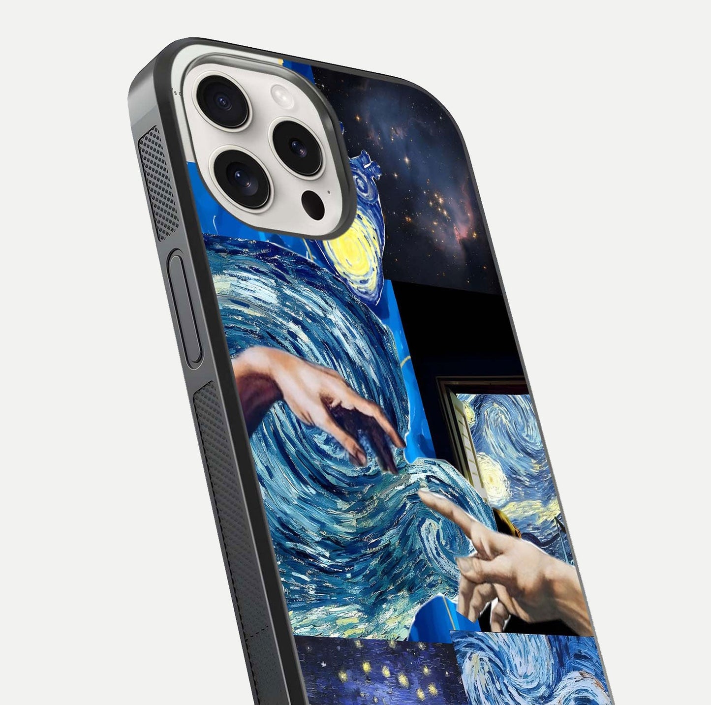 Aesthetic Vando Hands Glass Case for iPhone 15 Pro Max close-up angle showing fine detailing of hand artwork and glass reflection