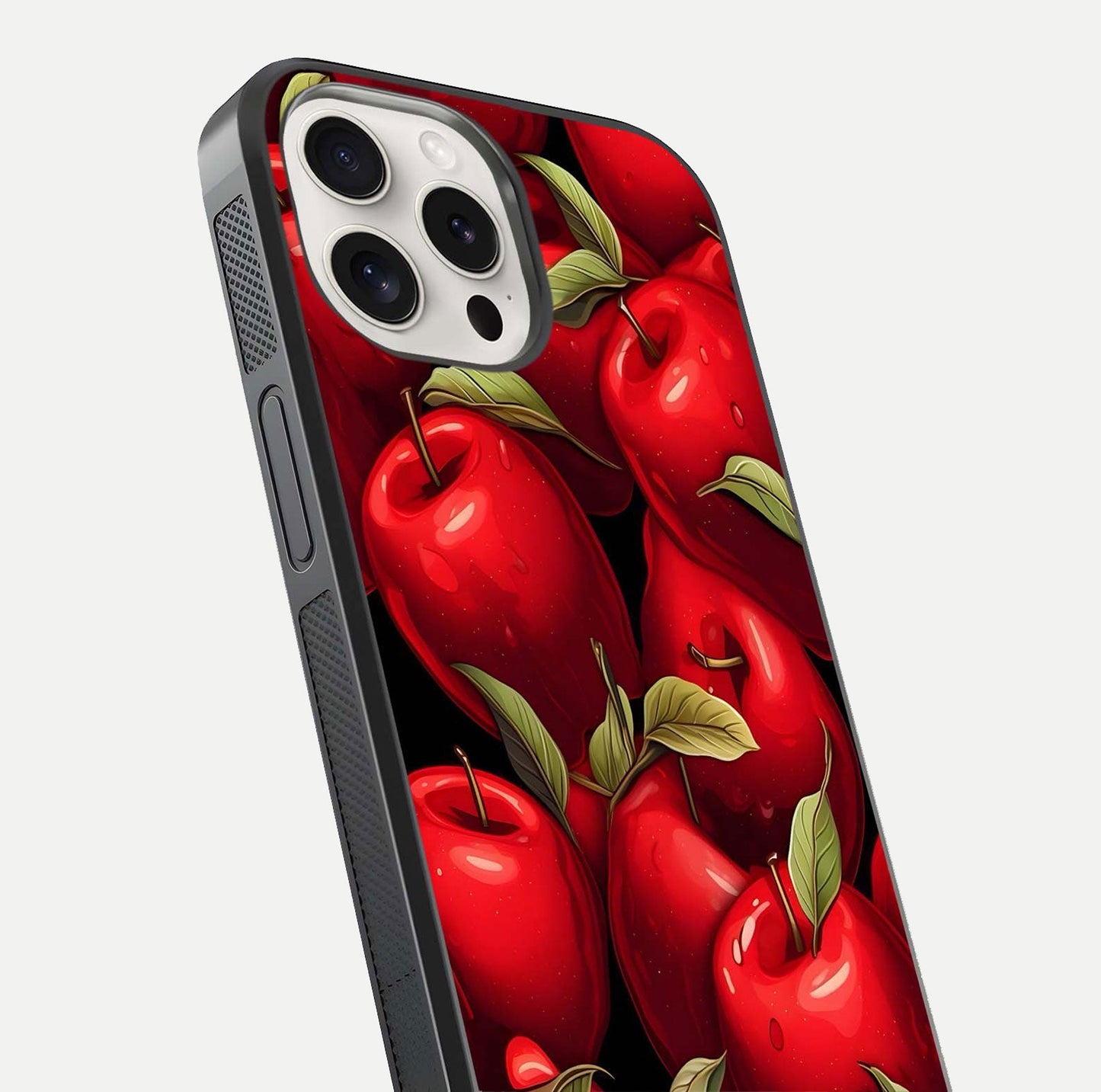 Apple Pattern Glass Case for iPhone 15 Pro Max close-up angle showing pattern texture and shine reflection