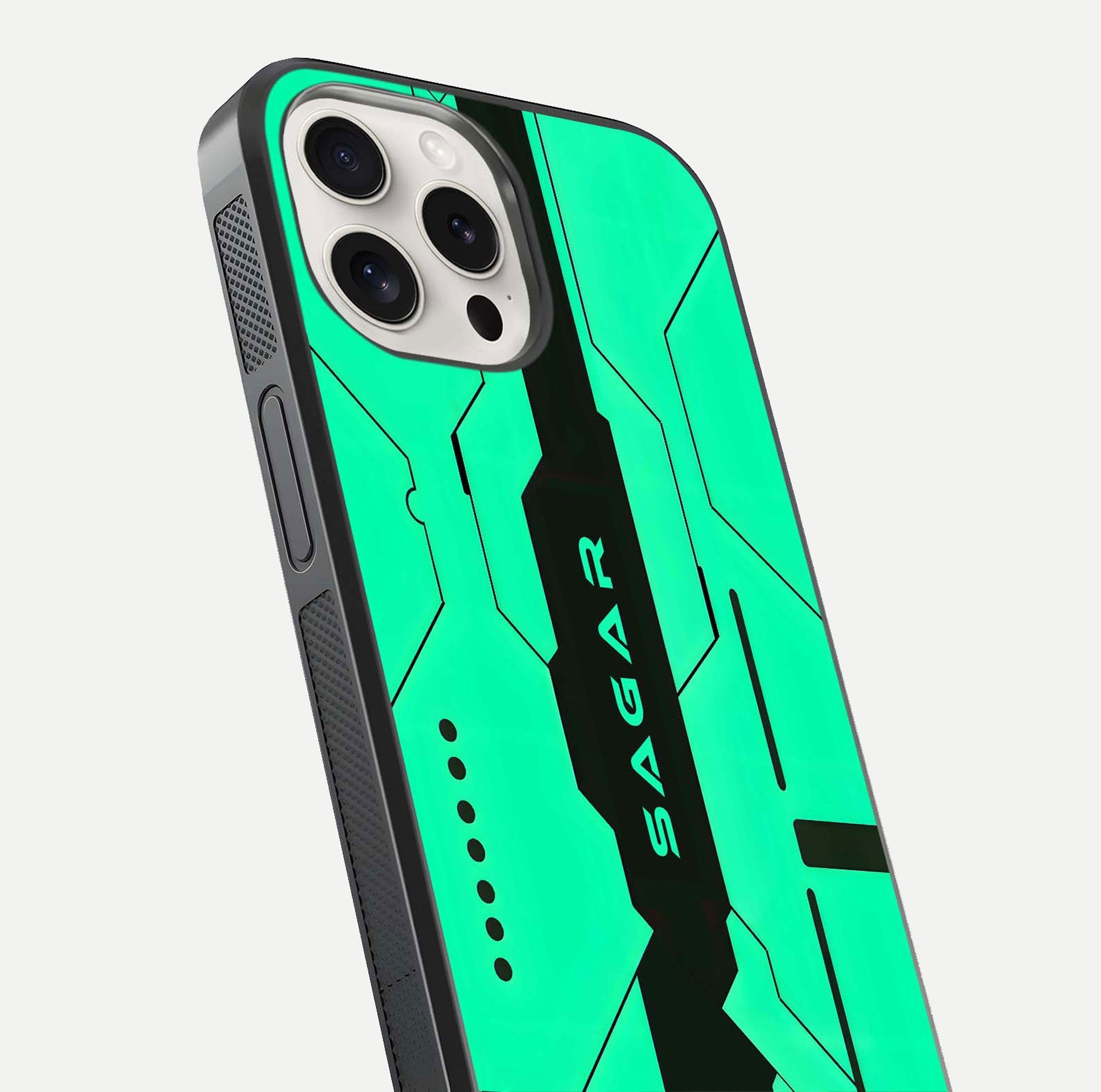 Aqua Tech CYBERPUNK Custom Name Glass Case for iPhone 15 Pro Max close-up angle showing futuristic blue lights and reflections