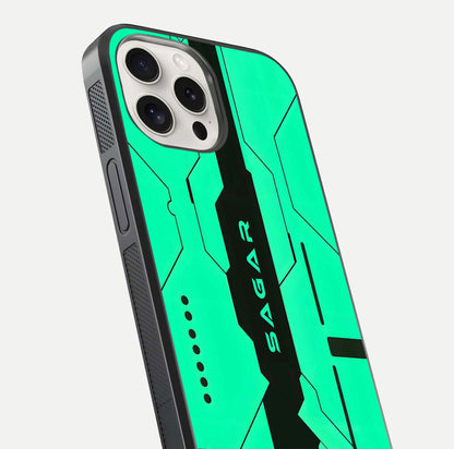 Aqua Tech CYBERPUNK Custom Name Glass Case for iPhone 15 Pro Max close-up angle showing futuristic blue lights and reflections