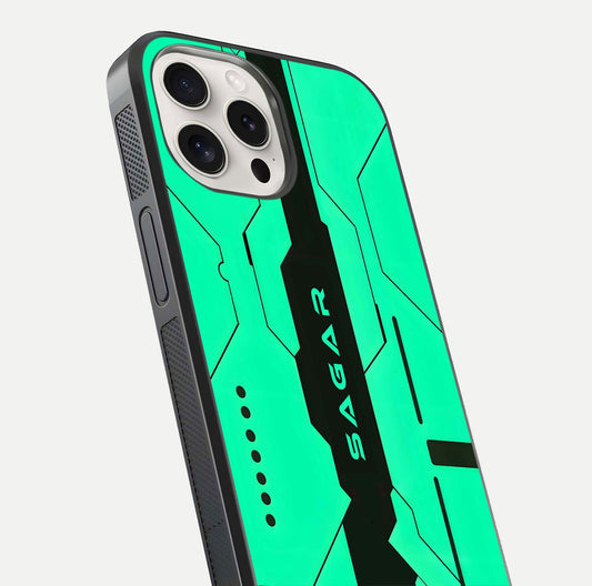 Aqua Tech CYBERPUNK Custom Name Glass Case for iPhone 15 Pro Max close-up angle showing futuristic blue lights and reflections