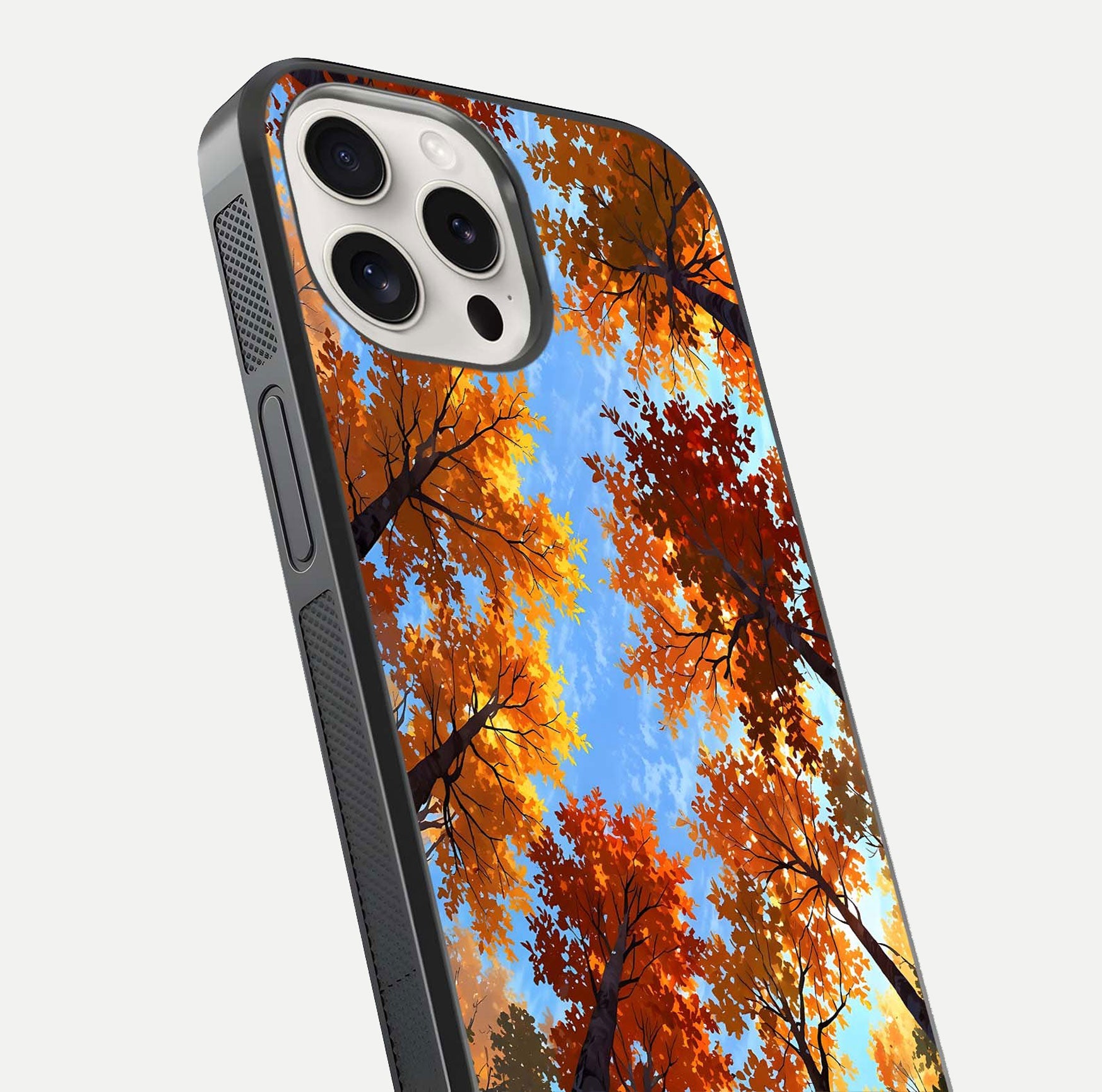 Autumn Sky Rise Glass Case for iPhone 15 Pro Max close-up shot of autumn tone details and HD shine reflection