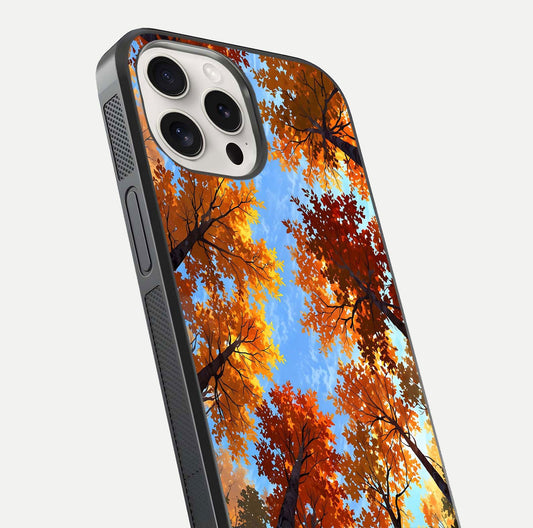 Autumn Sky Rise Glass Case for iPhone 15 Pro Max close-up shot of autumn tone details and HD shine reflection