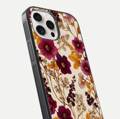 Autumn Wine Bloom Glass Case for iPhone 15 Pro Max close-up highlighting petal detail and gloss reflection