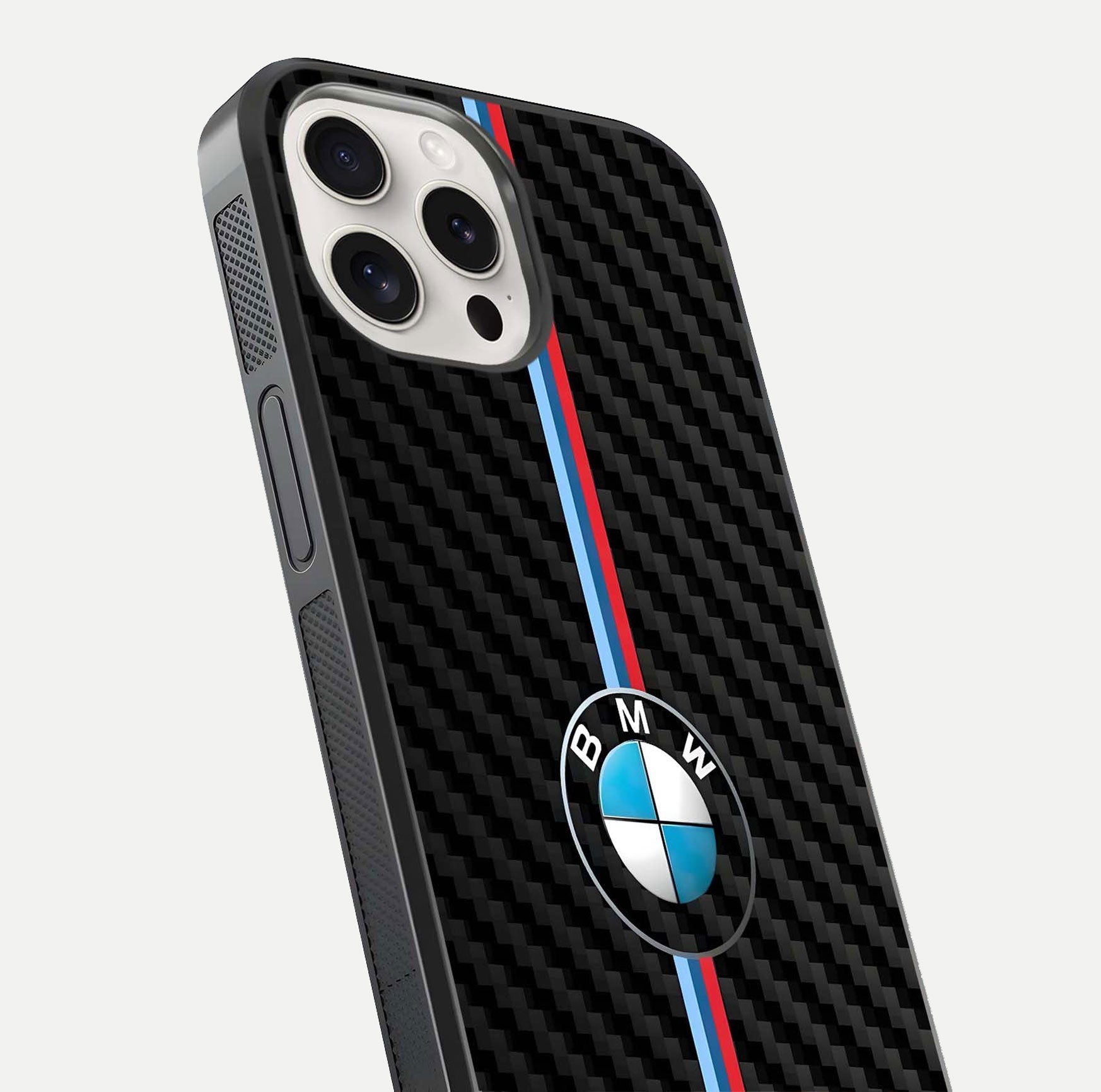 BMW Pattern Glass Case for iPhone 15 Pro Max close-up angle showing BMW logo detailing and high-reflect gloss texture