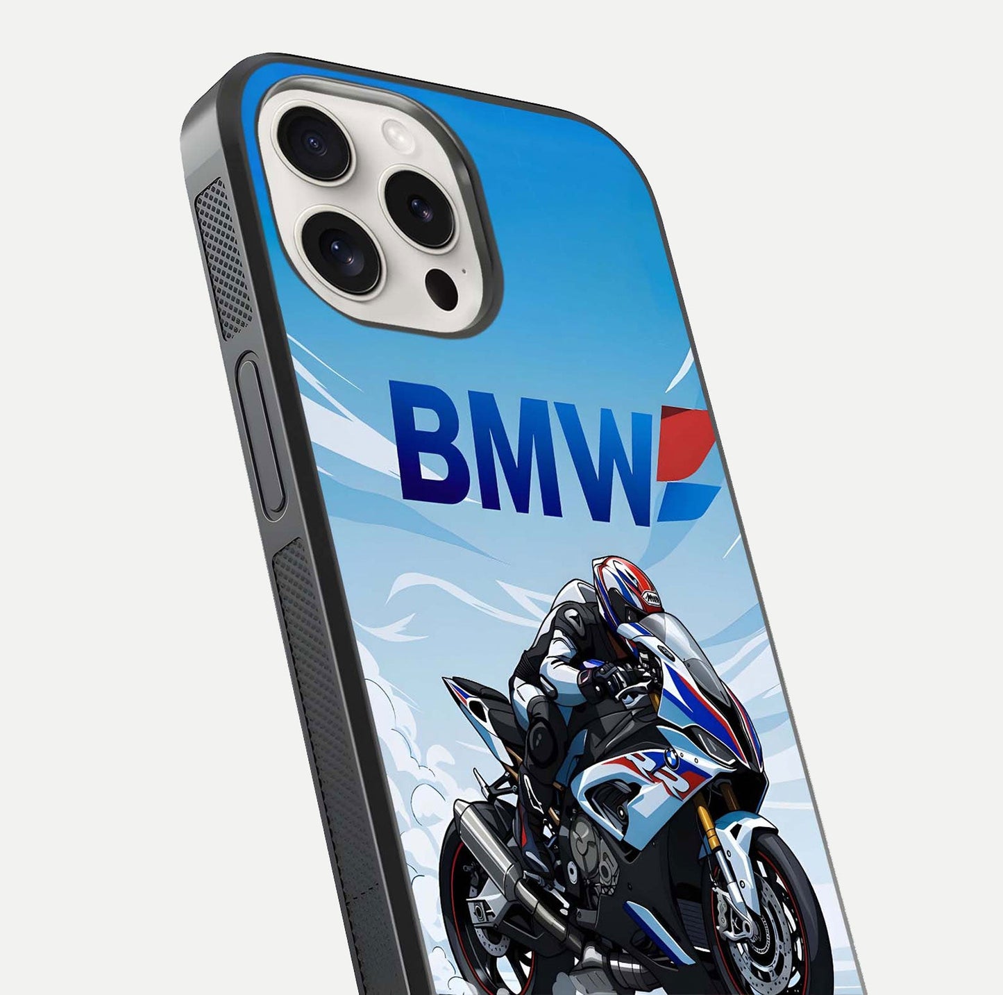 BMW Power Drift Glass Case for iPhone 15 Pro Max close-up view highlighting motion streaks and gloss shine