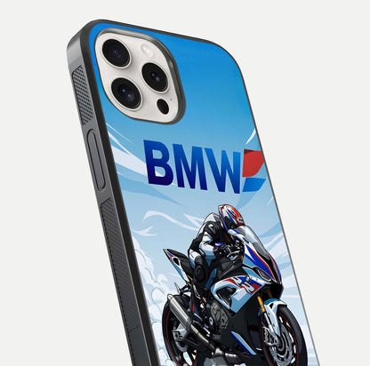 BMW Power Drift Glass Case for iPhone 15 Pro Max close-up view highlighting motion streaks and gloss shine