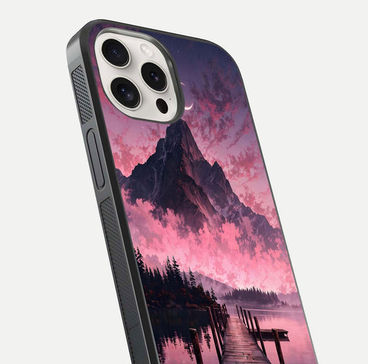 Beautyful Mountain View Glass Case for iPhone 15 Pro Max close-up angle highlighting landscape details and shine