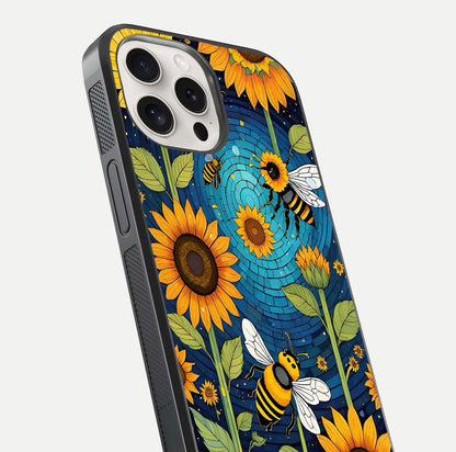 Bees & Sunflowers Glass Case for iPhone 15 Pro Max close-up angled shot showing detailed petals, bee prints, and glass reflection