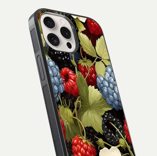Berry Bloom Charm Glass Case for iPhone 15 Pro Max close-up view highlighting berry color tones and fine petal detailing