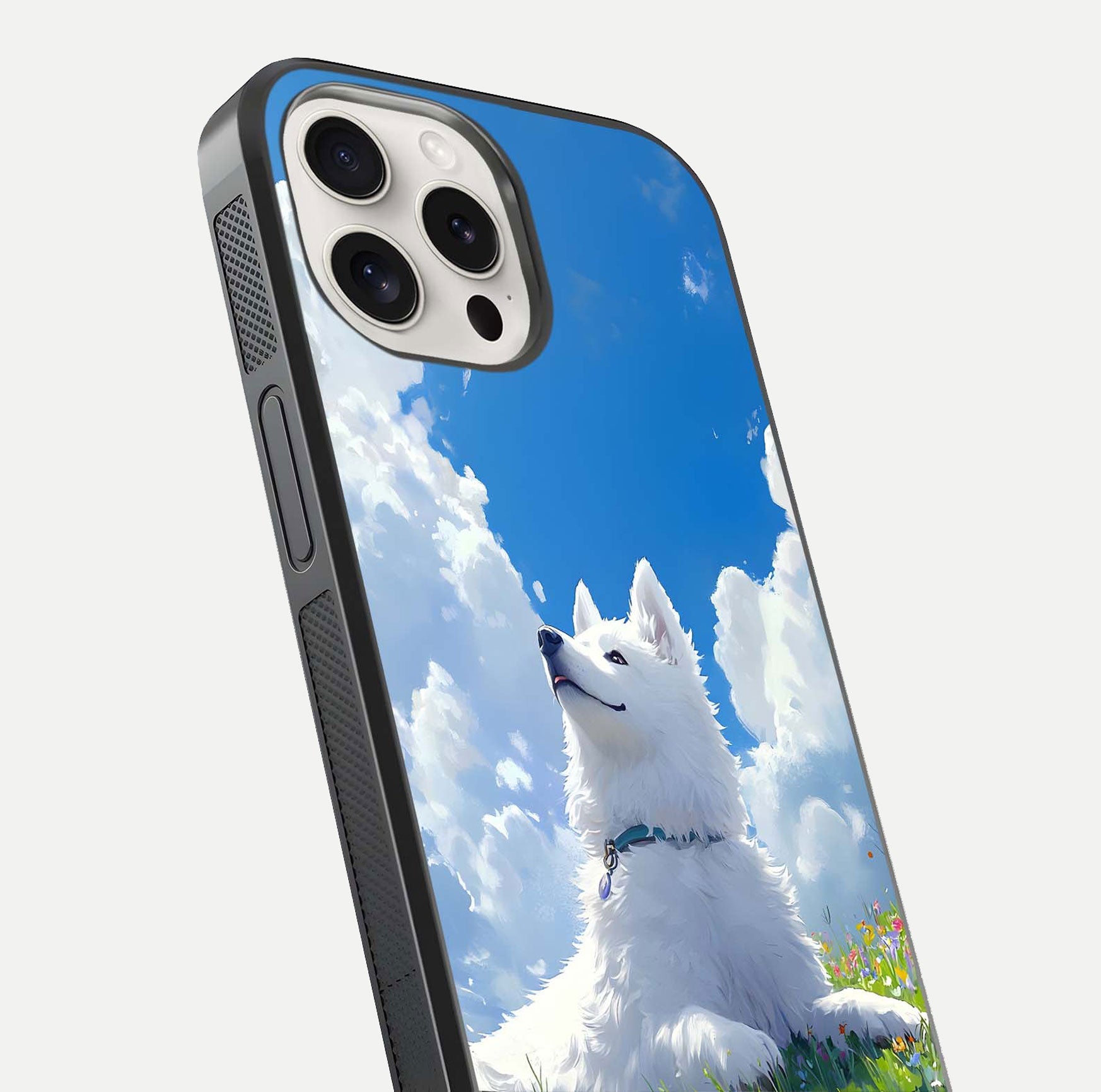 Blissful Cloud Pup Glass Case for iPhone 15 Pro Max close-up image highlighting puppy details and glossy reflection