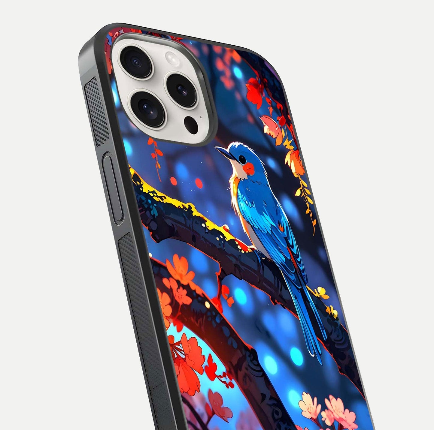 Blooming Spendor Bird Glass Case for iPhone 15 Pro Max close-up shot highlighting bird design details and glossy shine