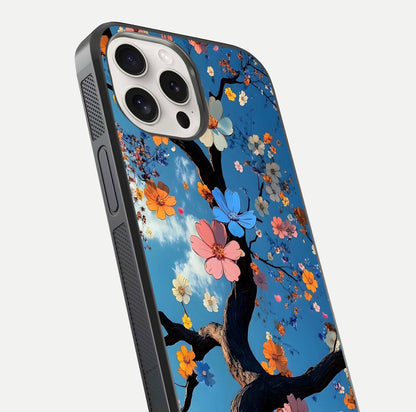Blossom Dream Sky Glass Case for iPhone 15 Pro Max close-up shot highlighting dreamlike clouds and pink blossoms