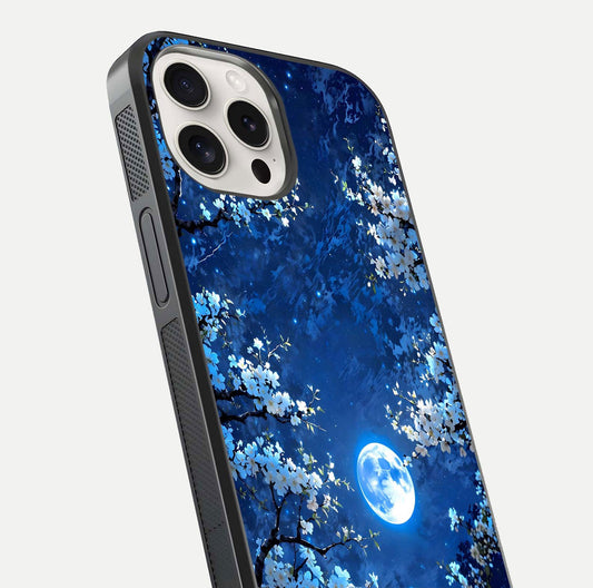 Blossom Moonlight Sky Glass Case for iPhone 15 Pro Max close-up angle capturing moon glow and flower detail reflections