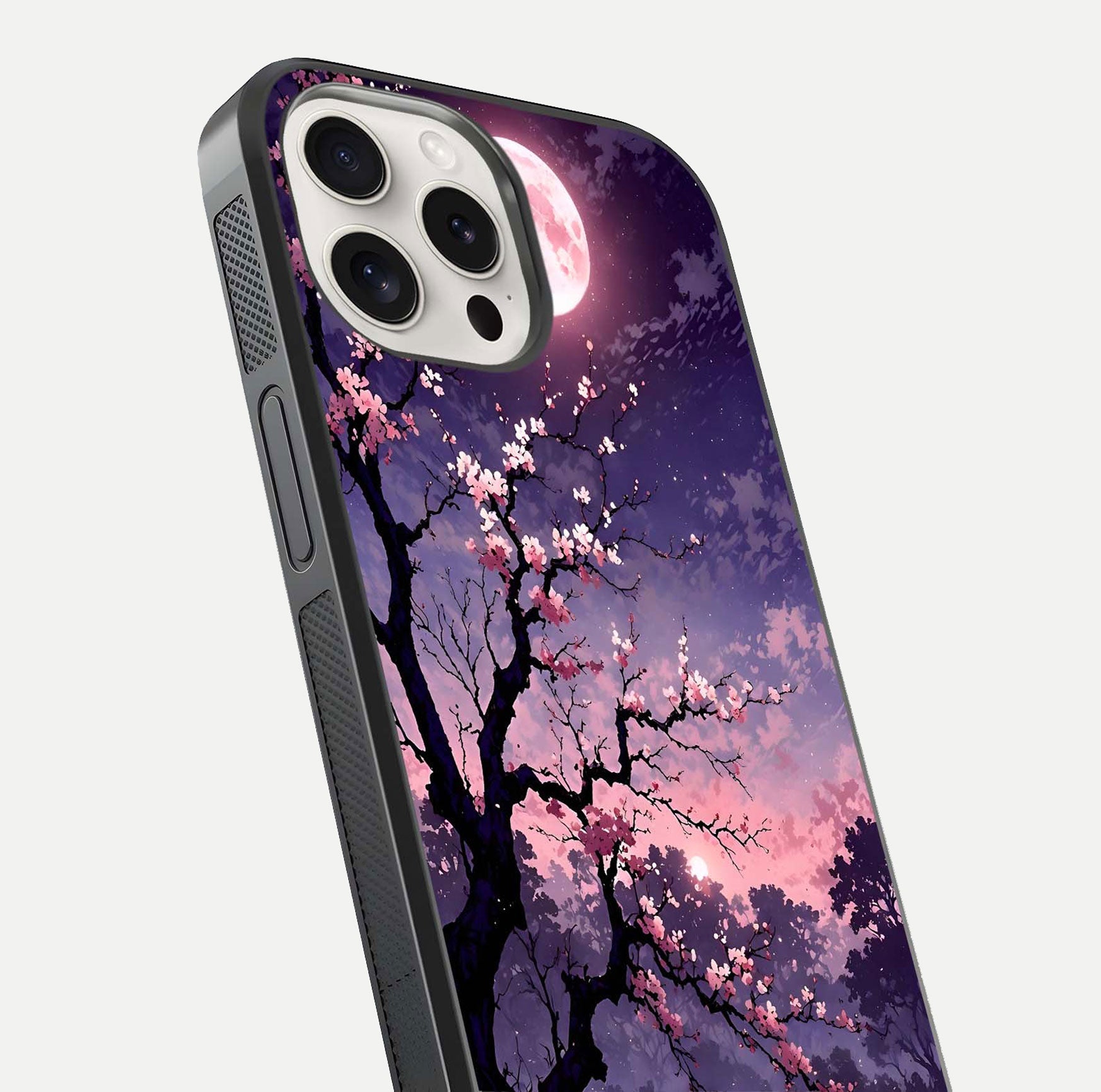 Blossom Pink Moon Glass Case for iPhone 15 Pro Max close-up shot showing pink tones, moon highlight, and reflection gloss