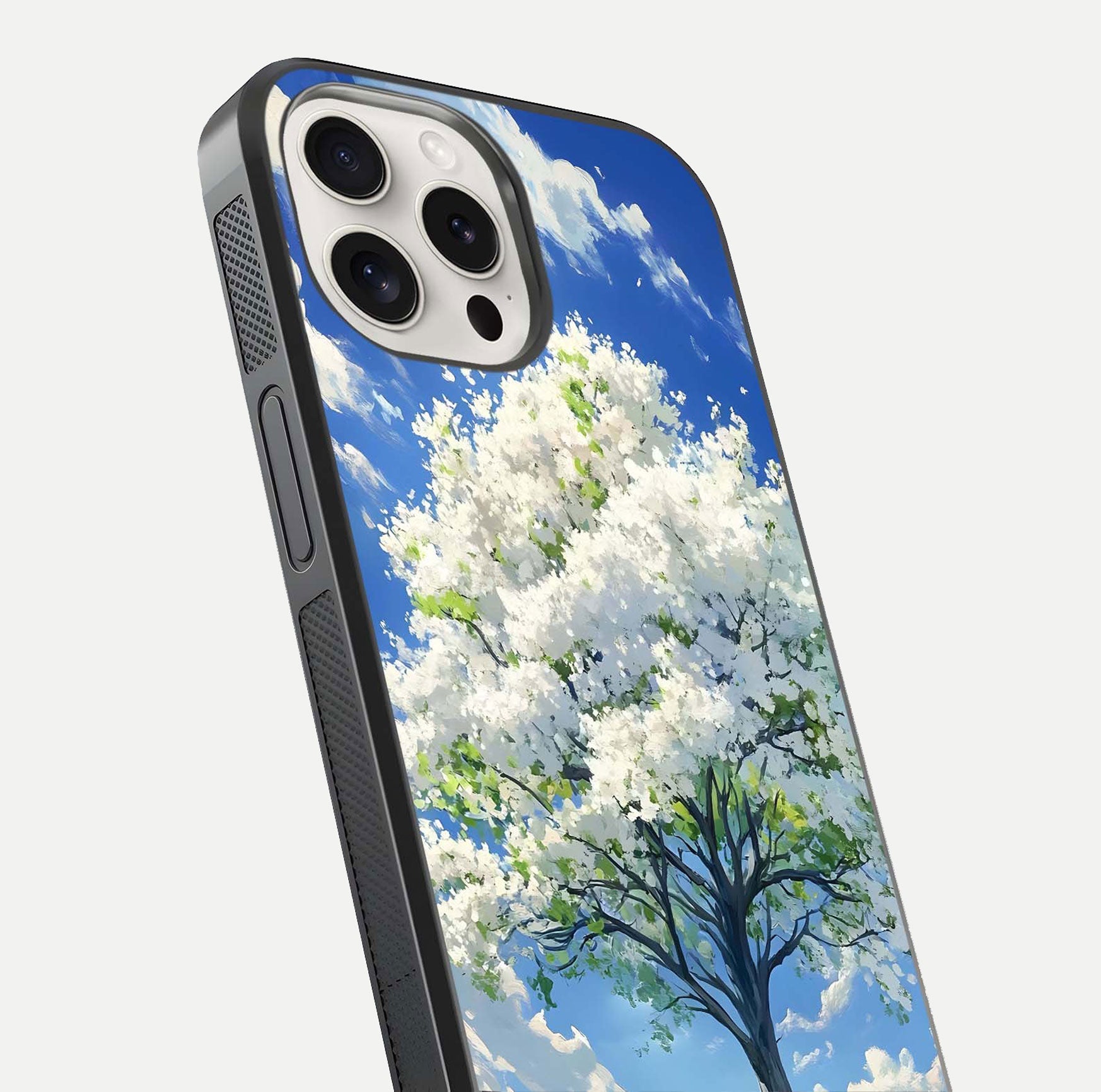 Blossom Sky Serenity Glass Case for iPhone 15 Pro Max close-up highlighting calming flower details and reflection gloss