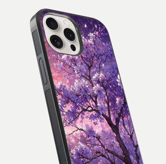 Blossom Tree Glass Case for iPhone 15 Pro Max close-up image highlighting tree branches, blossoms, and shine
