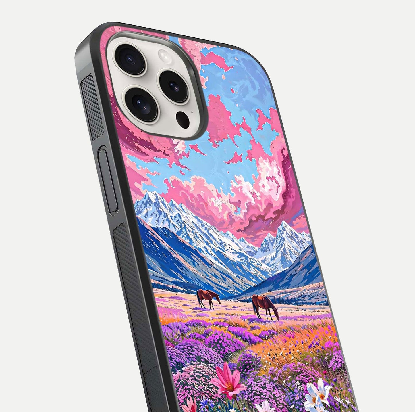 Blossom Valley Dream Glass Case for iPhone 15 Pro Max close-up view showing detailed flower print and pastel hues