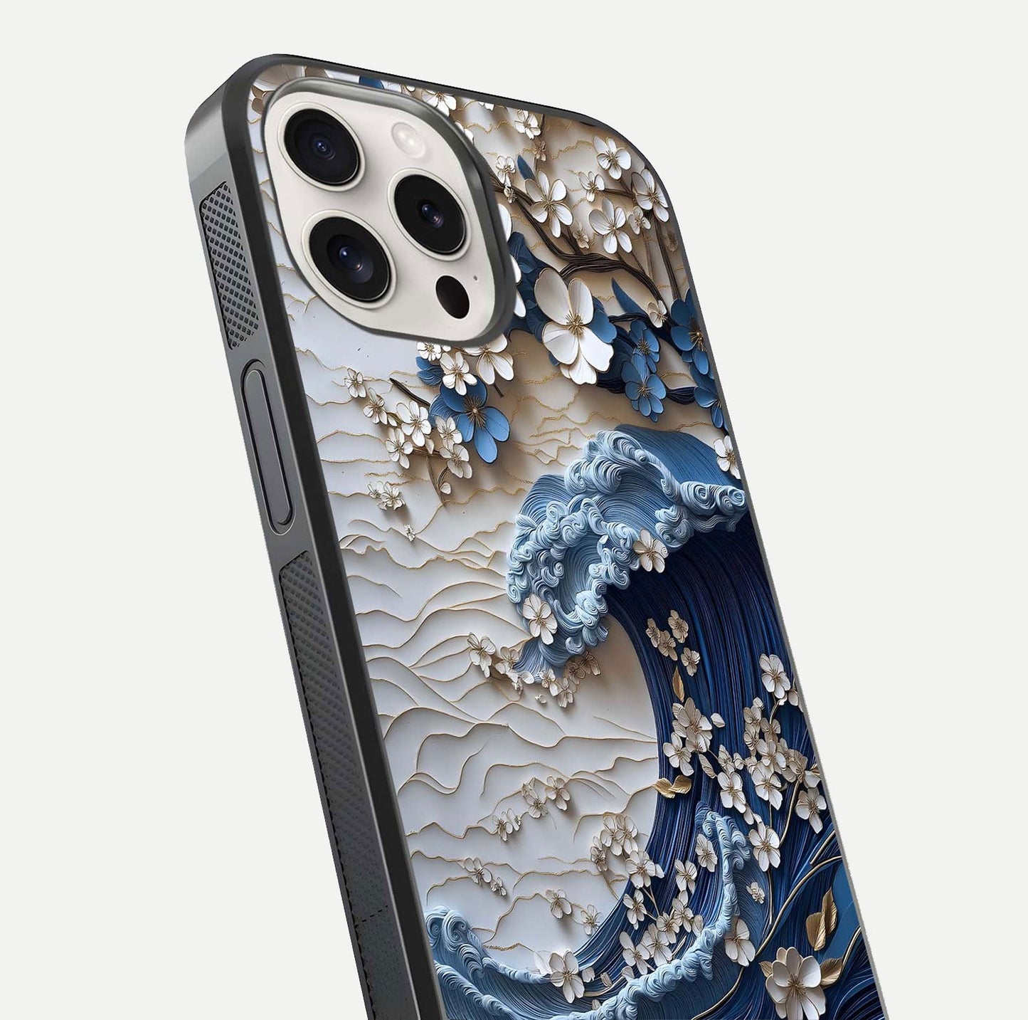 Blossom Wave Art Glass Case for iPhone 15 Pro Max close-up shot highlighting wave motion in floral art and reflection