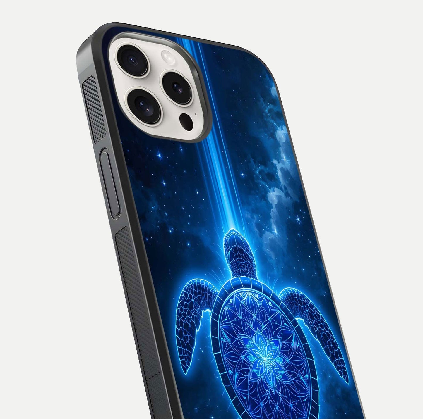 Blue Galaxy Turtle Glass Case for iPhone 15 Pro Max close-up image showing turtle shell detail and glowing galaxy tones