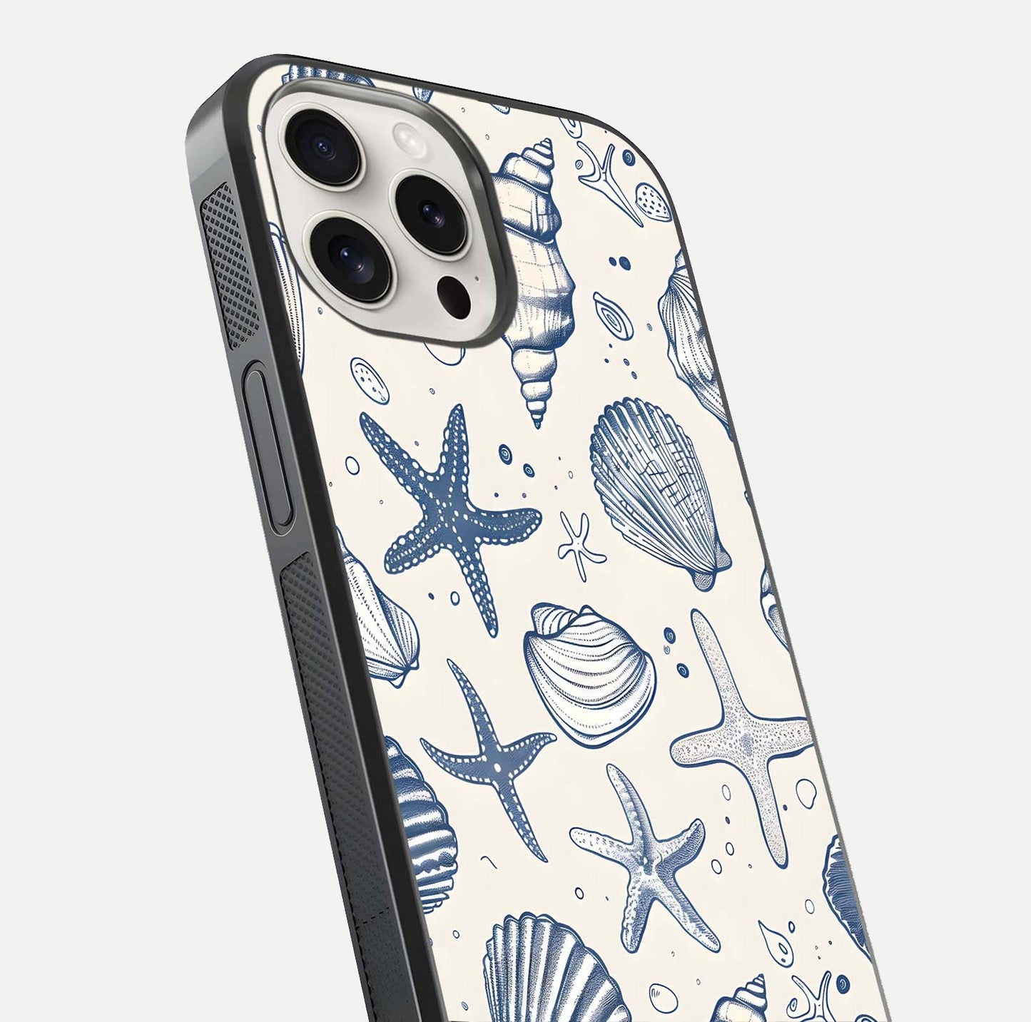 Blue Ocean Outline Glass Case for iPhone 15 Pro Max close-up shot highlighting line art details and reflection texture