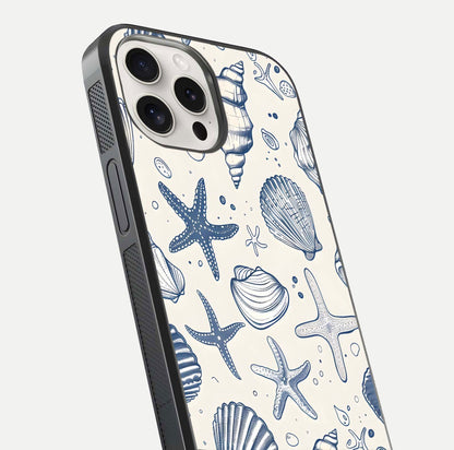 Blue Ocean Outline Glass Case for iPhone 15 Pro Max close-up shot highlighting line art details and reflection texture