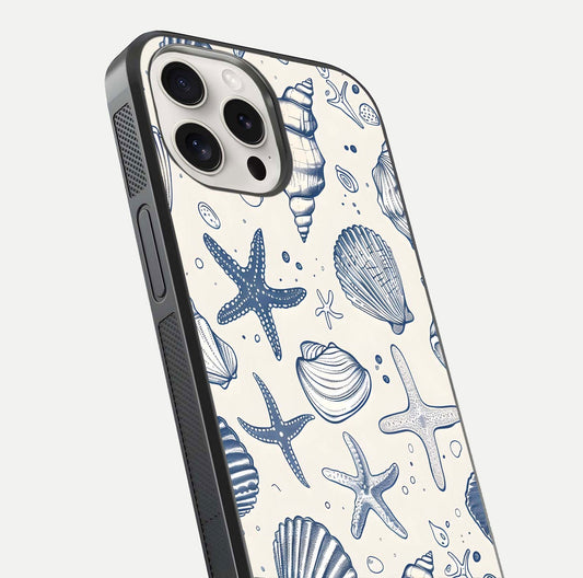 Blue Ocean Outline Glass Case for iPhone 15 Pro Max close-up shot highlighting line art details and reflection texture