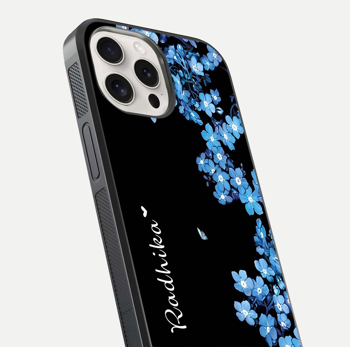 Blue Petal Dream Custom Name Glass Case for iPhone 15 Pro Max close-up highlighting petal texture and gloss reflection