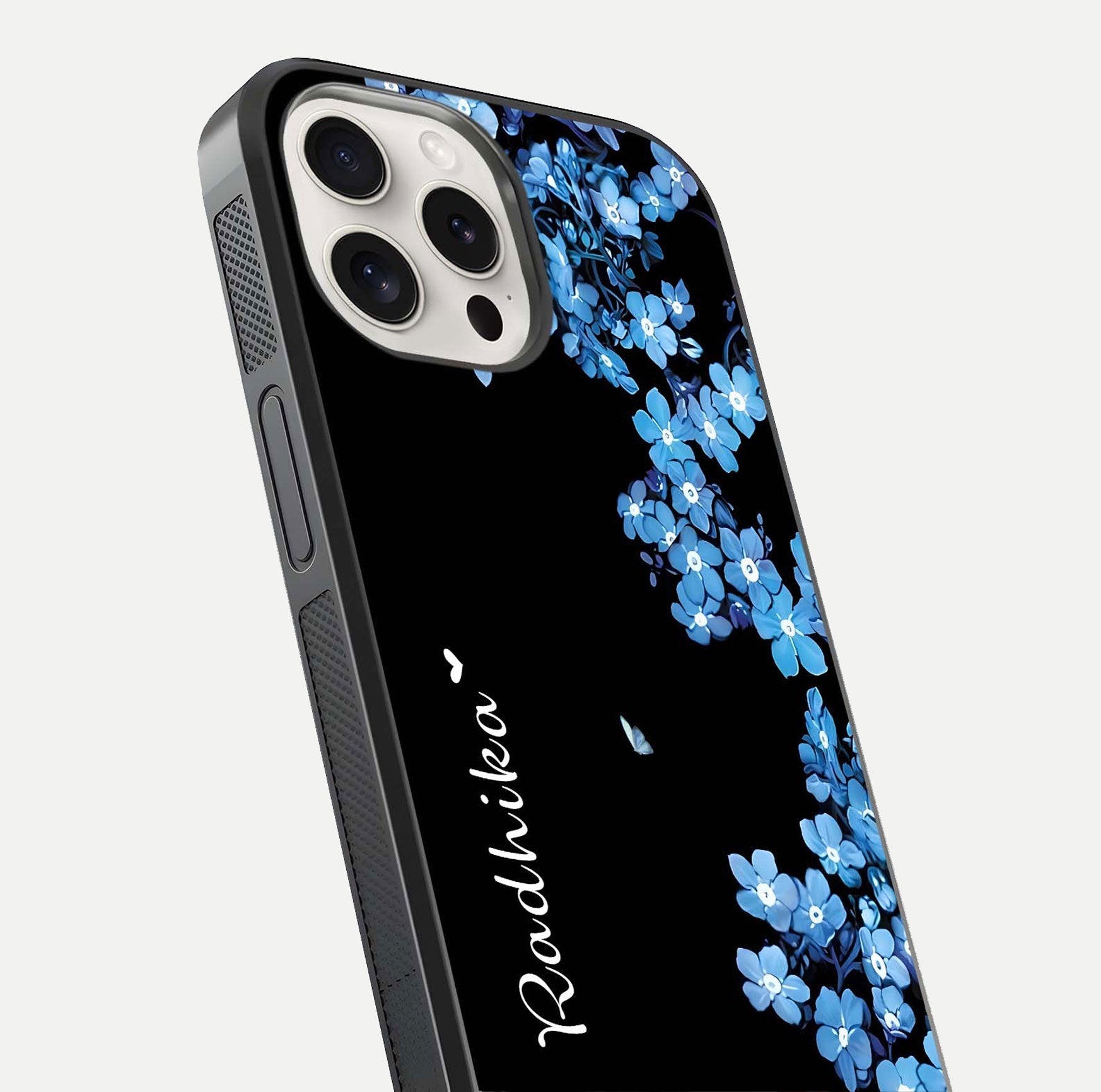 Blue Petal Dream Custom Name Glass Case for iPhone 15 Pro Max close-up highlighting petal texture and gloss reflection