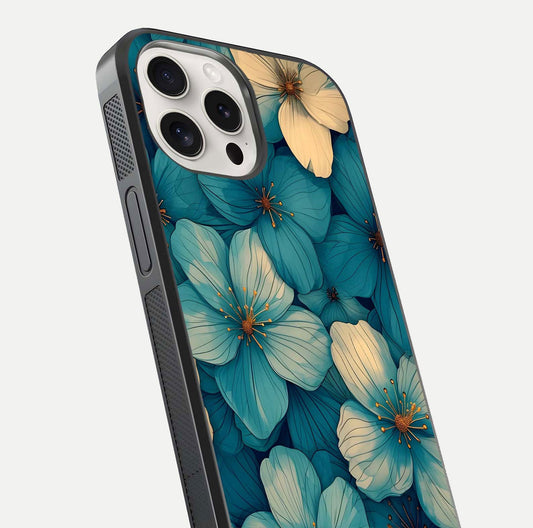 Blue Shade Floral Glass Case for iPhone 15 Pro Max close-up angle showing flower print precision and reflection