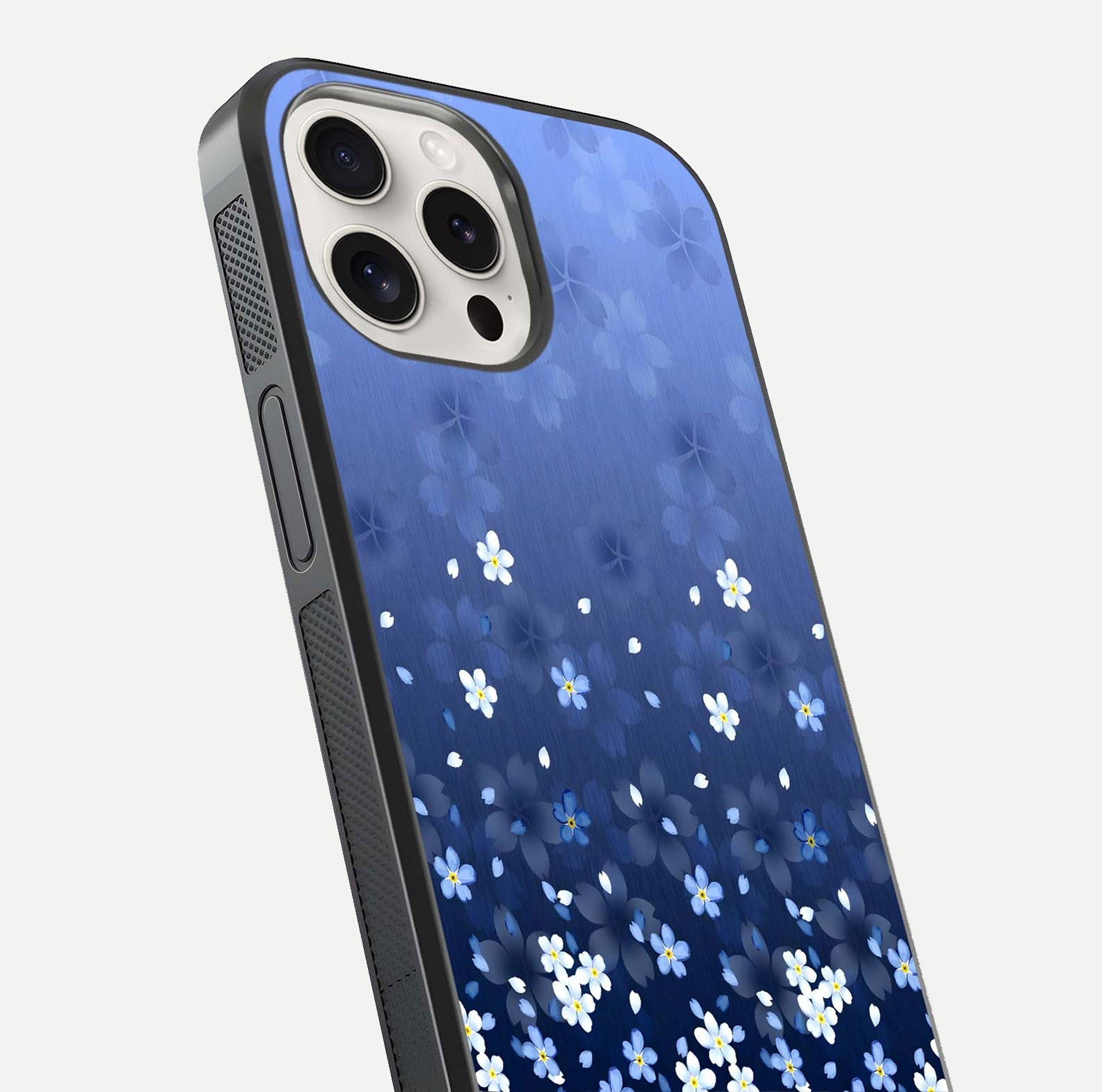 Blue Starry Glass Case for iPhone 15 Pro Max close-up image highlighting sparkle details and midnight blue gradient