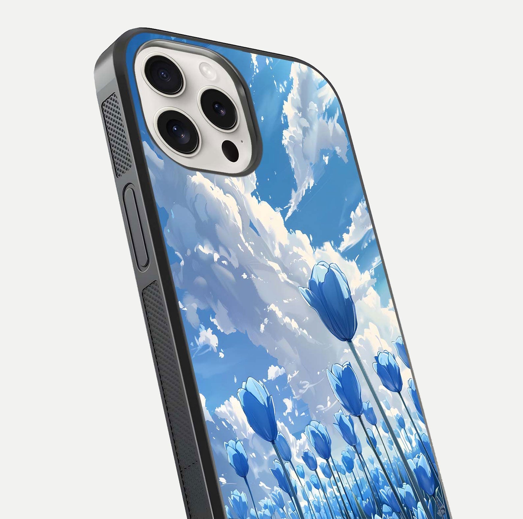 Blue Tulip Clouds Glass Case for iPhone 15 Pro Max close-up image highlighting tulip petals, clouds, and reflection texture