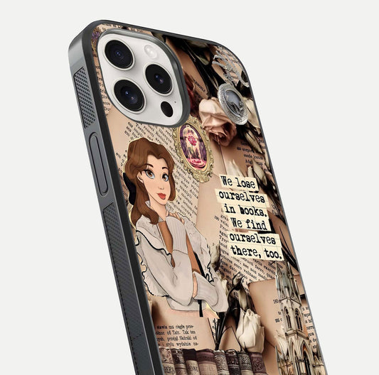 Bookish Dream World Glass Case for iPhone 15 Pro Max close-up shot highlighting book elements and reflection gloss