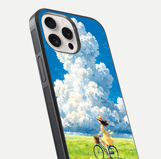 Breezy Meadow Ride Glass Case for iPhone 15 Pro Max close-up shot showing flowers and breezy motion texture
