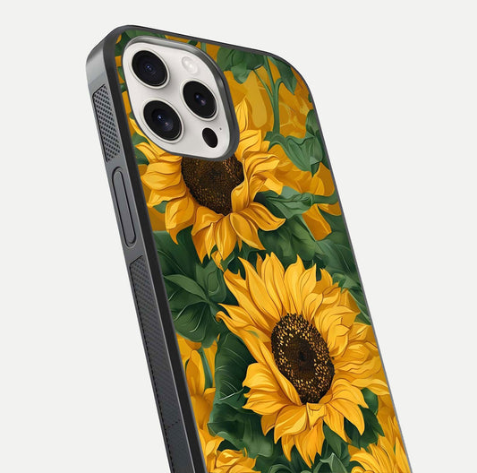 Bright Sunflower Bloom Glass Case for iPhone 15 Pro Max close-up image highlighting yellow petal detail and HD reflection
