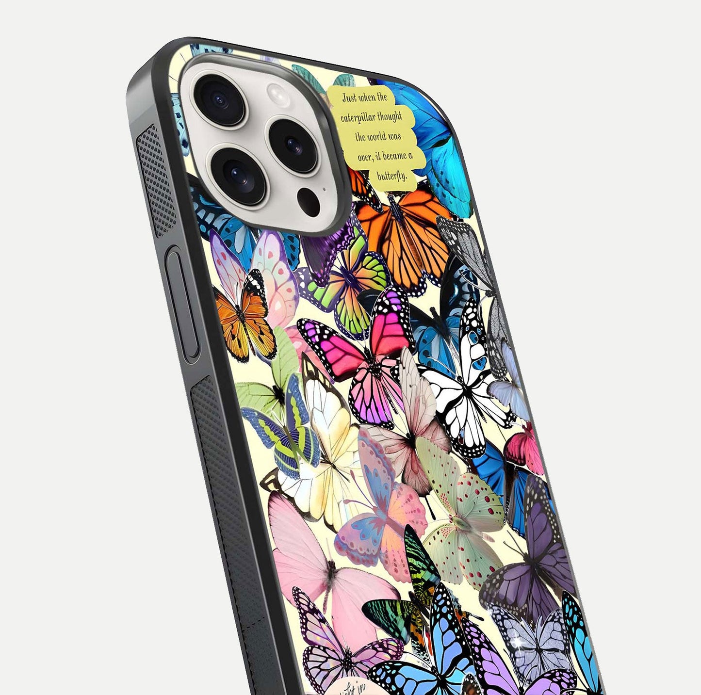 Butterflies Petal Dream Glass Case for iPhone 15 Pro Max close-up highlighting butterfly wings and pink petal gloss