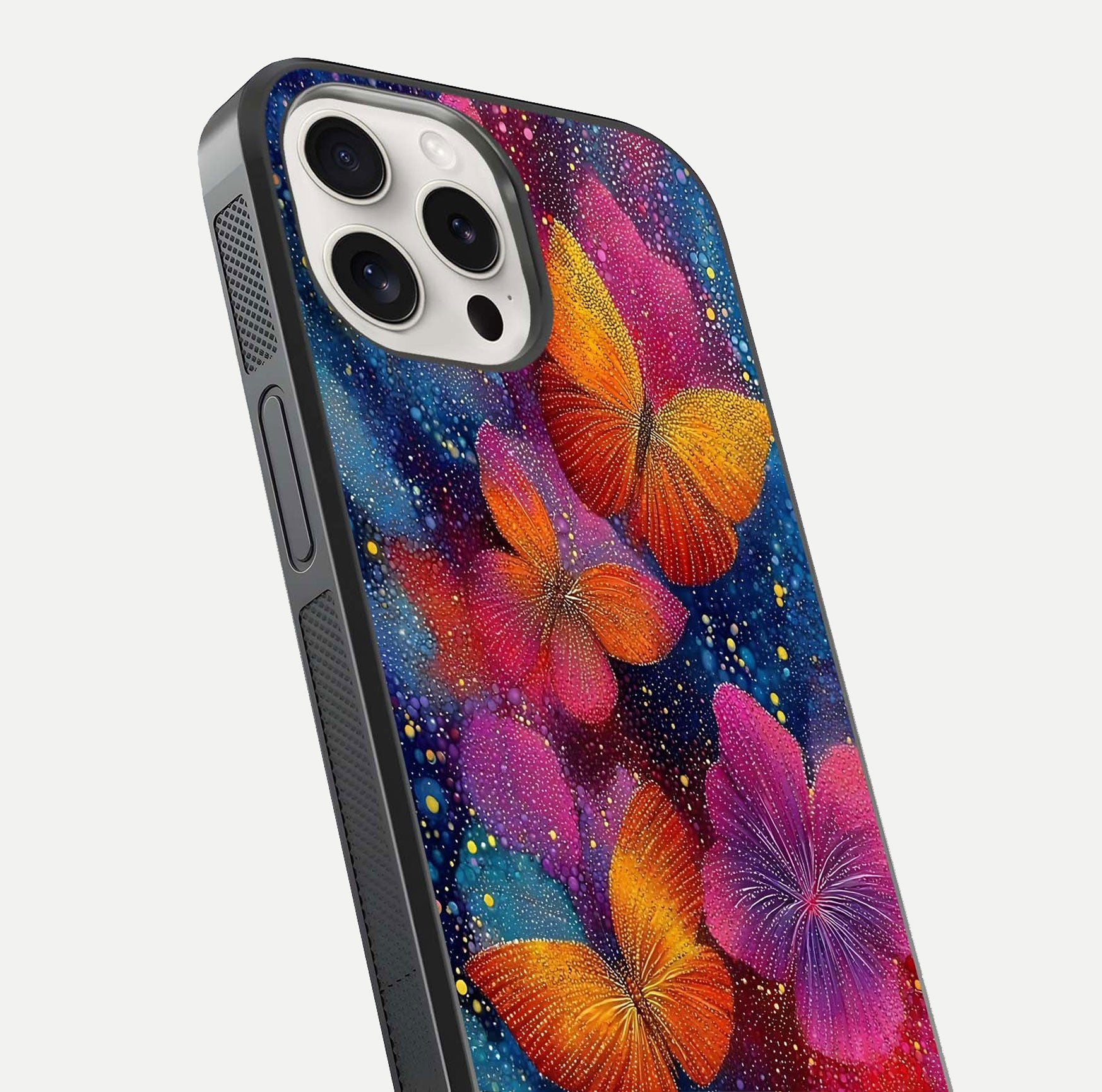 Butterfly Dream Mist Glass Case for iPhone 15 Pro Max close-up capturing wing pattern detail and glossy finish texture